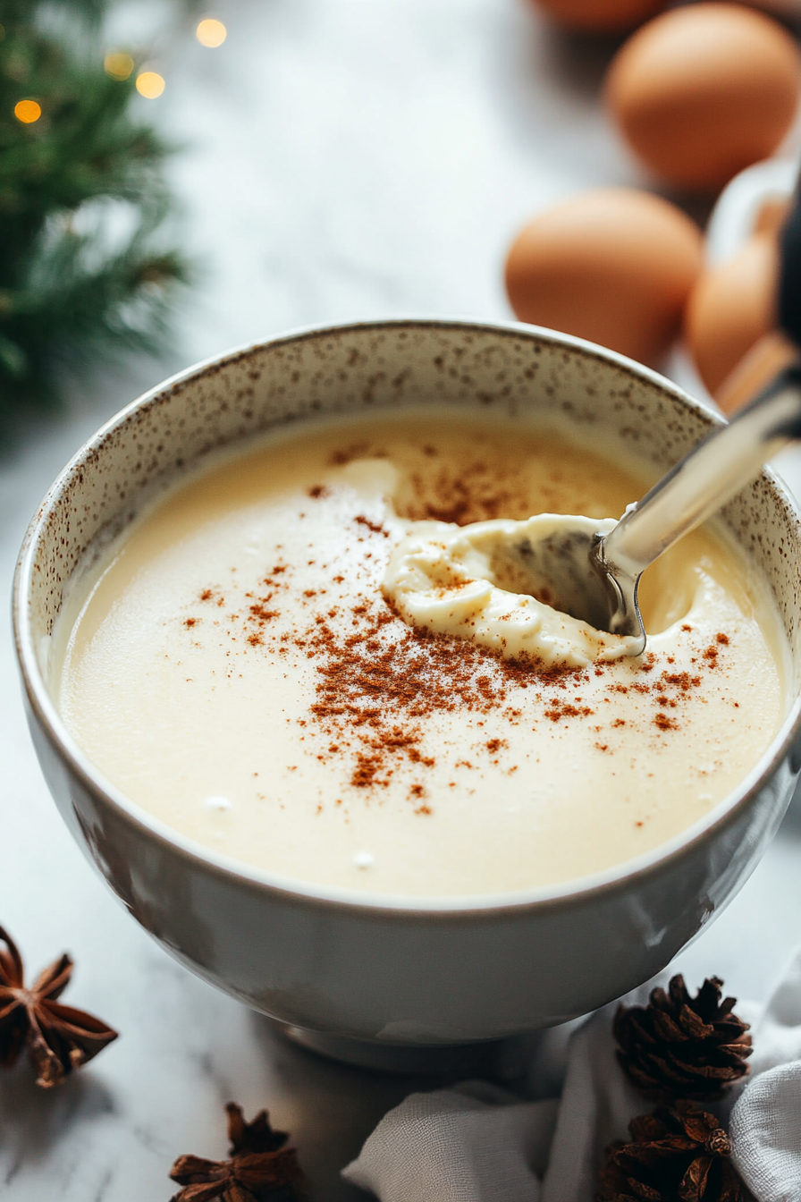 A food processor blending softened cream cheese, sugar, eggnog, and flour until smooth. Eggs, rum, and nutmeg sit nearby, ready to be added to the mix