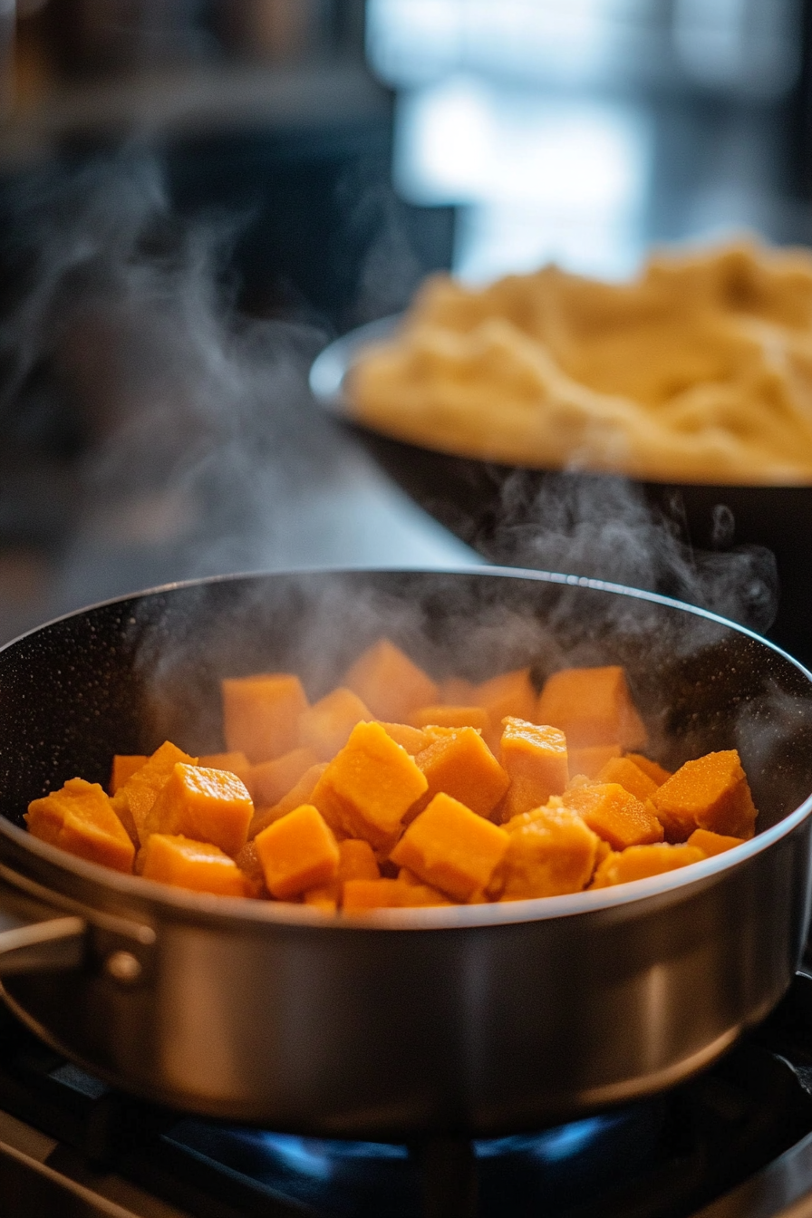 A medium saucepan on the stovetop with cubed sweet potatoes boiling in water, steam rising from the pot. In the background, a large bowl shows mashed sweet potatoes with a smooth, creamy texture.