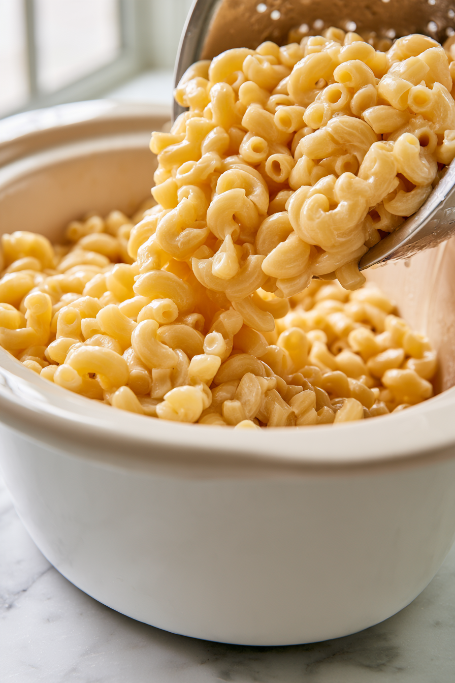 Boil lightly salted water in a large pot and cook macaroni for about 8 minutes until tender yet firm. Drain and transfer to a slow cooker