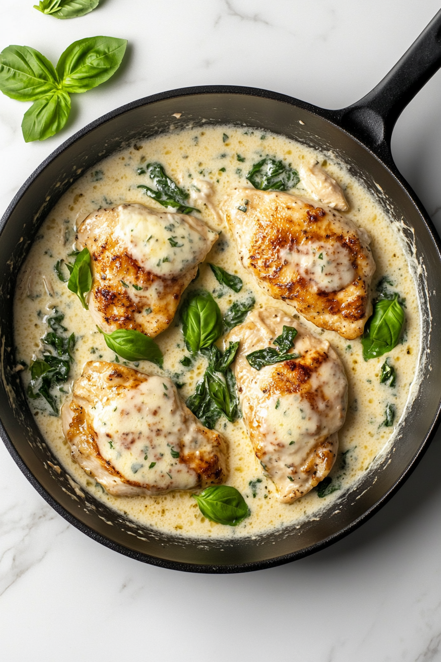 Golden-browned chicken pieces and vibrant green broccoli florets are mixed into the creamy cheese sauce in the skillet. The rich, thick sauce evenly coats the ingredients, creating a cohesive dish on the white marble cooktop.