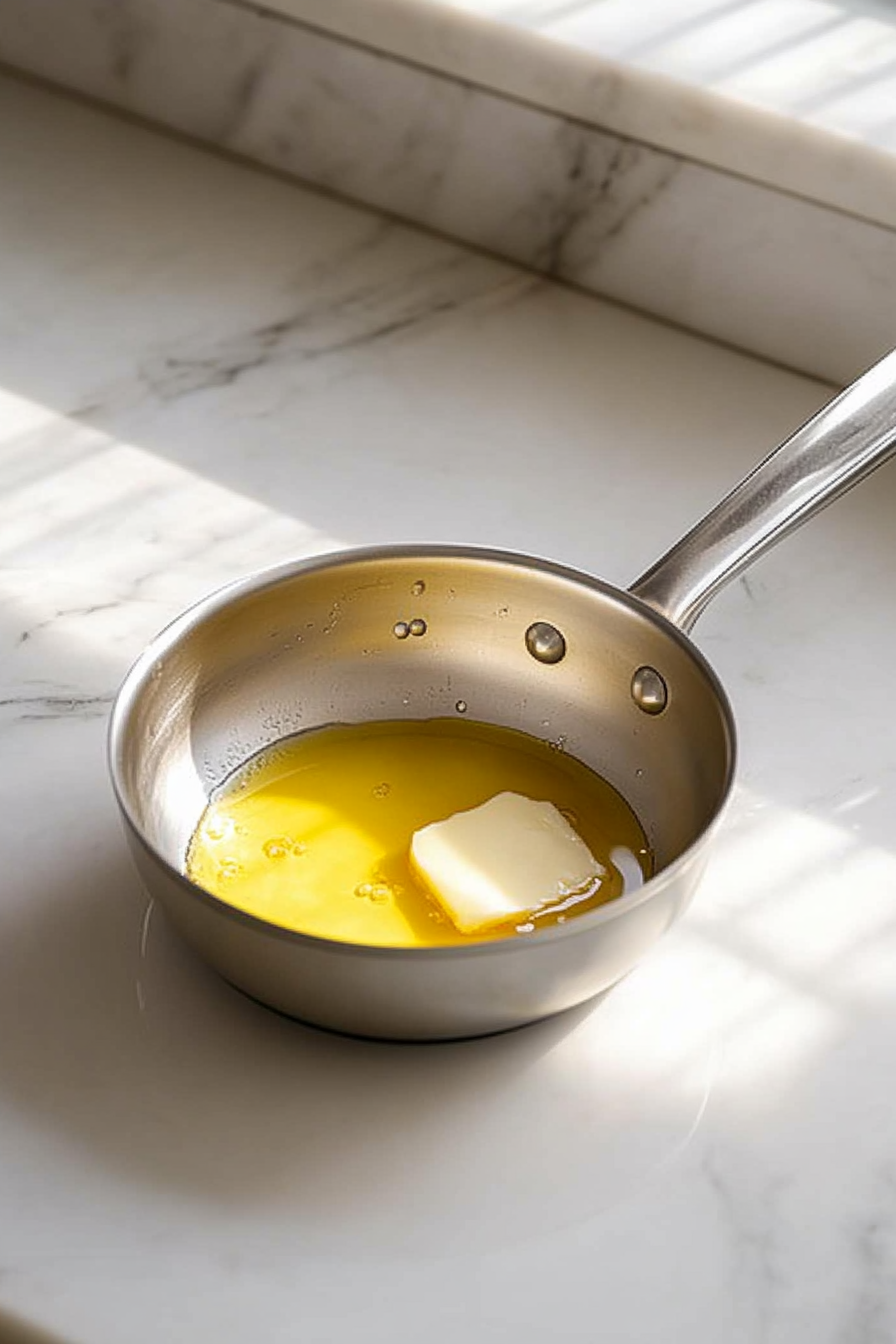 A medium saucepan on a white marble cooktop with butter melting and turning golden brown. The saucepan is gently swirled, and the butter gives off a rich, nutty aroma.