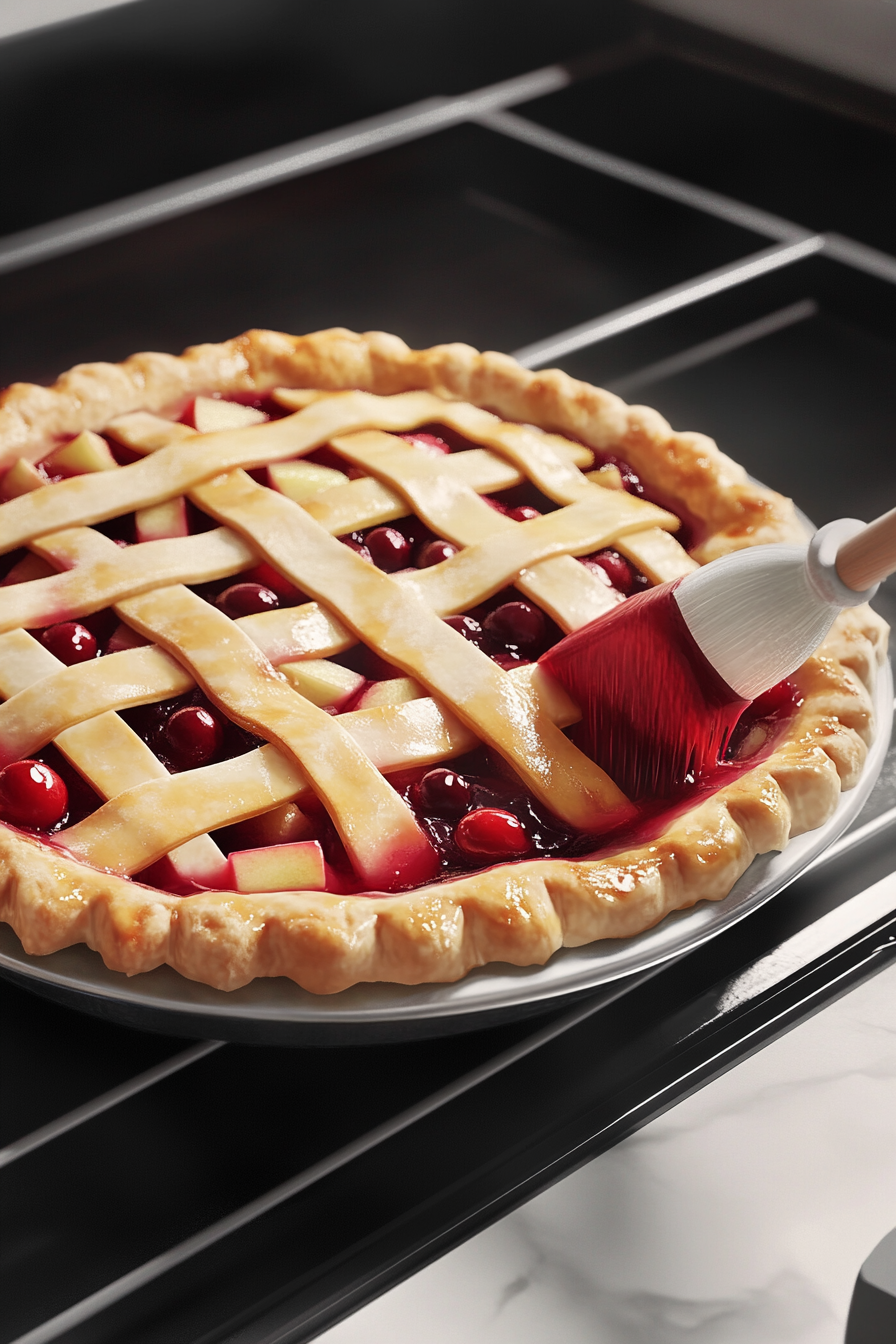 The pie rests on the white marble cooktop, its lattice crust being brushed with a glossy egg wash. The pie sits on a baking sheet, ready for the oven. Bright cranberry juices and apple filling peek through the lattice design, promising a delicious outcome.