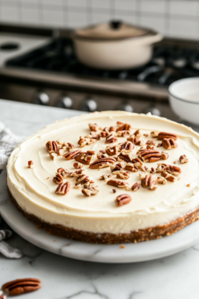 The cheesecake is cooling on the counter as sour cream topping is being spread evenly over it. Chopped pecans are being sprinkled on top as a garnish, with the white marble cooktop visible in the background.