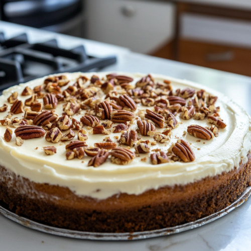 The cheesecake is cooling on the counter as sour cream topping is being spread evenly over it. Chopped pecans are being sprinkled on top as a garnish, with the white marble cooktop visible in the background.