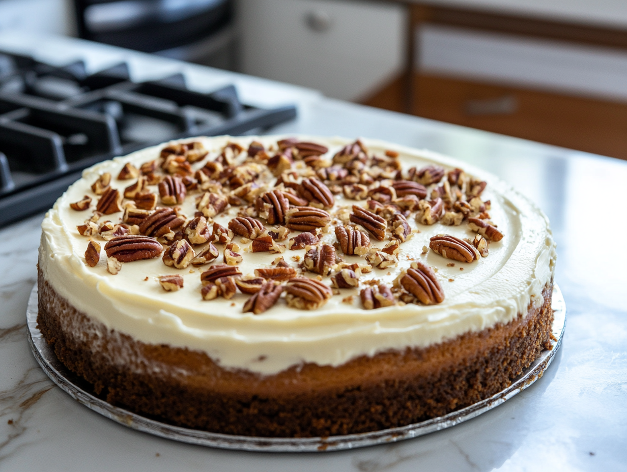 The cheesecake is cooling on the counter as sour cream topping is being spread evenly over it. Chopped pecans are being sprinkled on top as a garnish, with the white marble cooktop visible in the background.