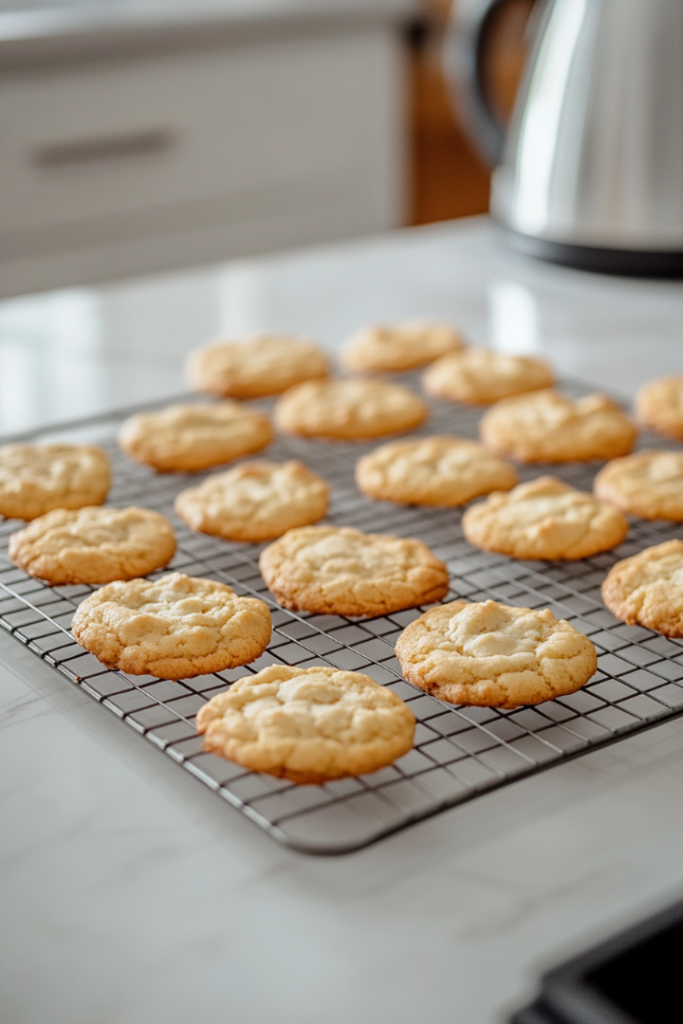 Freshly baked cookies cool on a wire rack placed over the white marble cooktop. The cookies are golden brown with crinkled tops, some stacked neatly while others rest flat