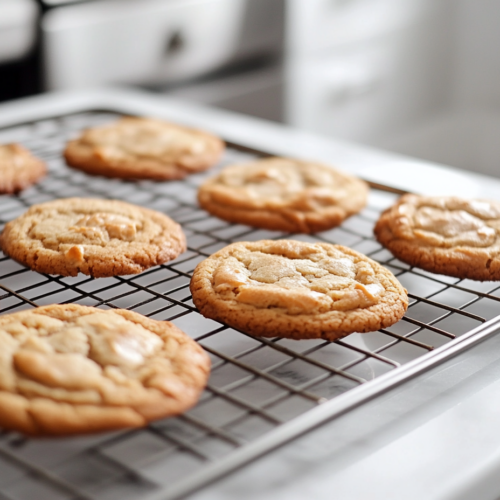 Freshly baked cookies cool on a wire rack placed over the white marble cooktop. The cookies are golden brown with crinkled tops, some stacked neatly while others rest flat