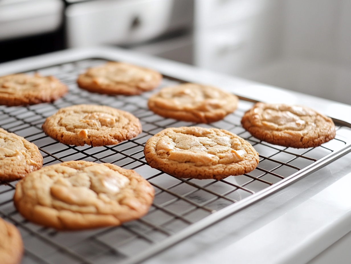 Freshly baked cookies cool on a wire rack placed over the white marble cooktop. The cookies are golden brown with crinkled tops, some stacked neatly while others rest flat