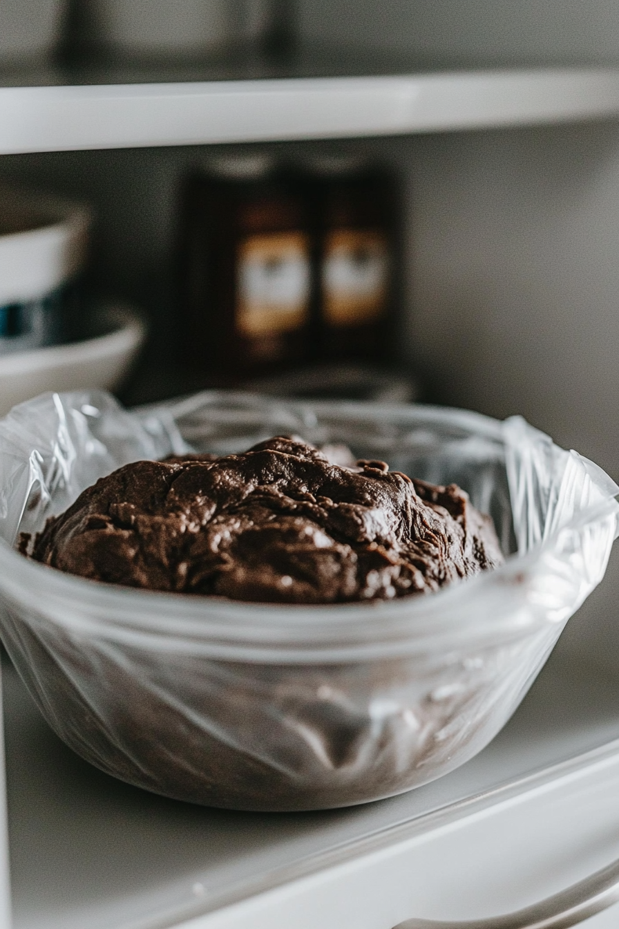 Sticky cookie dough is shown in a bowl covered with plastic wrap, ready to be chilled in the refrigerator. The bowl is inside a well-lit refrigerator with neatly organized items around it.