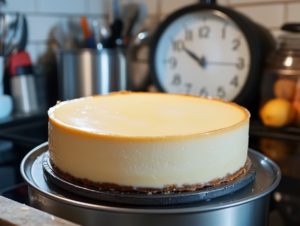 The springform pan with the cheesecake filling is being placed carefully in the refrigerator. The filling is smooth and will firm up over time, with a clock on the wall indicating that it will chill for at least 3 hours to set completely.