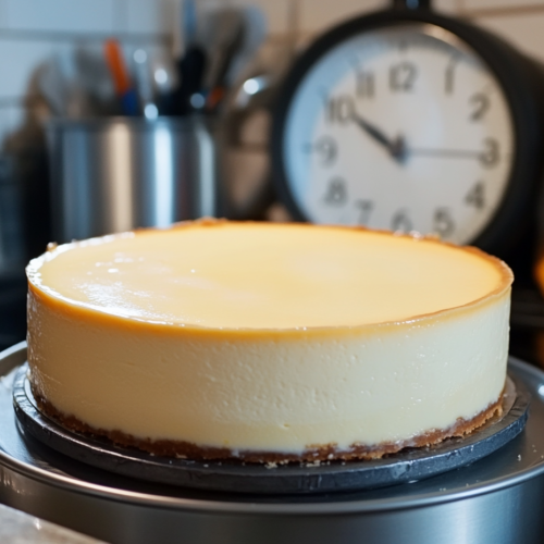 The springform pan with the cheesecake filling is being placed carefully in the refrigerator. The filling is smooth and will firm up over time, with a clock on the wall indicating that it will chill for at least 3 hours to set completely.