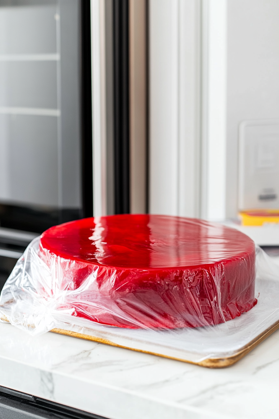 The cake placed on a baking sheet, wrapped in plastic wrap, and set inside an open refrigerator on the white marble cooktop.