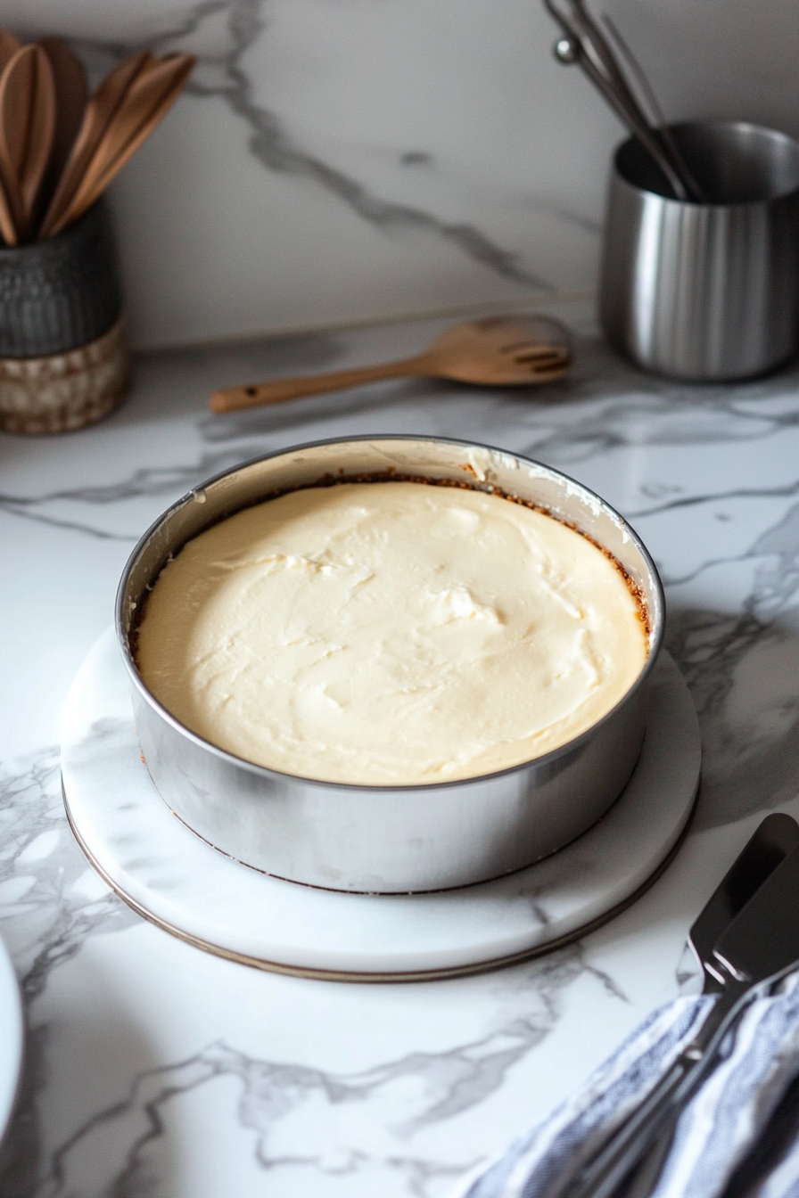 The cheesecake, now filled, is being placed in the refrigerator to chill for 3-4 hours. The springform pan is centered on a shelf, with a few utensils visible nearby on the marble countertop.