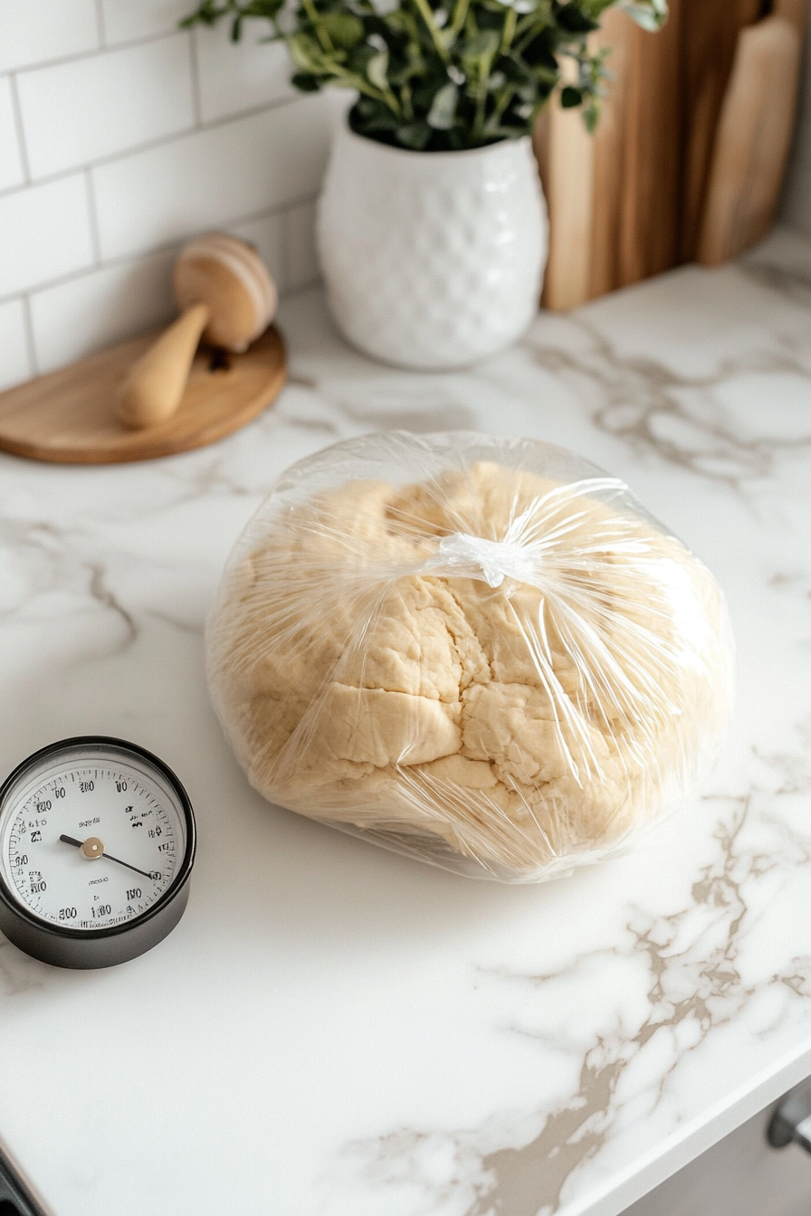 "The cookie dough is wrapped tightly in plastic wrap and resting on the white marble cooktop. A timer next to the dough indicates a chilling time of at least 1 hour."