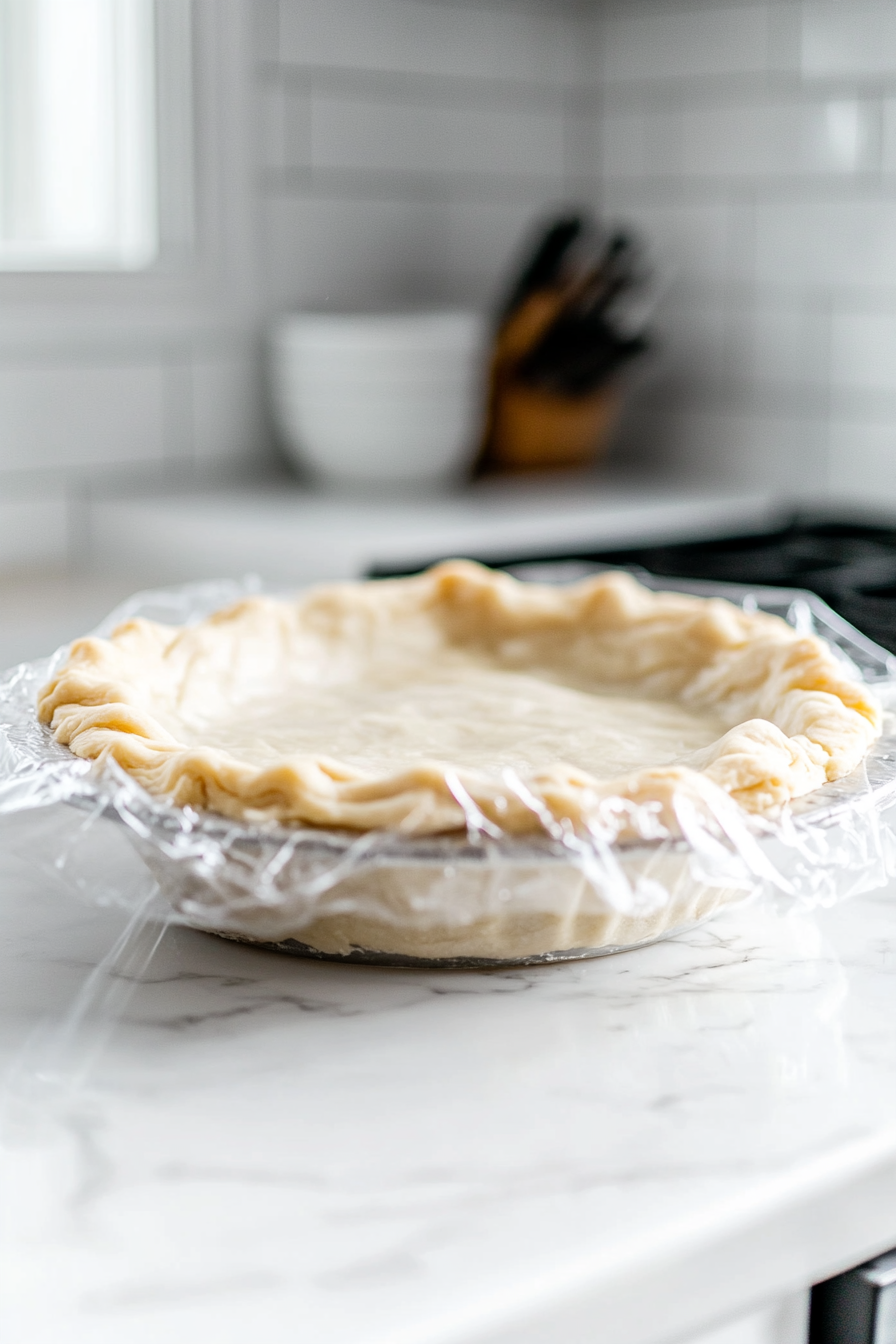 The crimped pie dough in the 9-inch pie plate rests on the white marble cooktop, loosely covered with plastic wrap. The scene has a cool tone, evoking preparation and readiness for the chilling process.