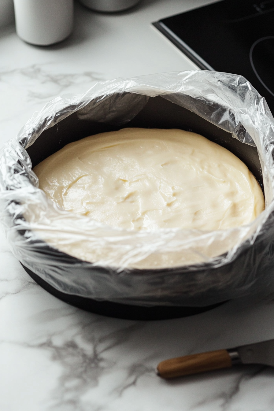 The cheesecake rests in the springform pan, covered in plastic wrap on the white marble cooktop. It is prepared for refrigeration, where it will set for at least 4 hours.