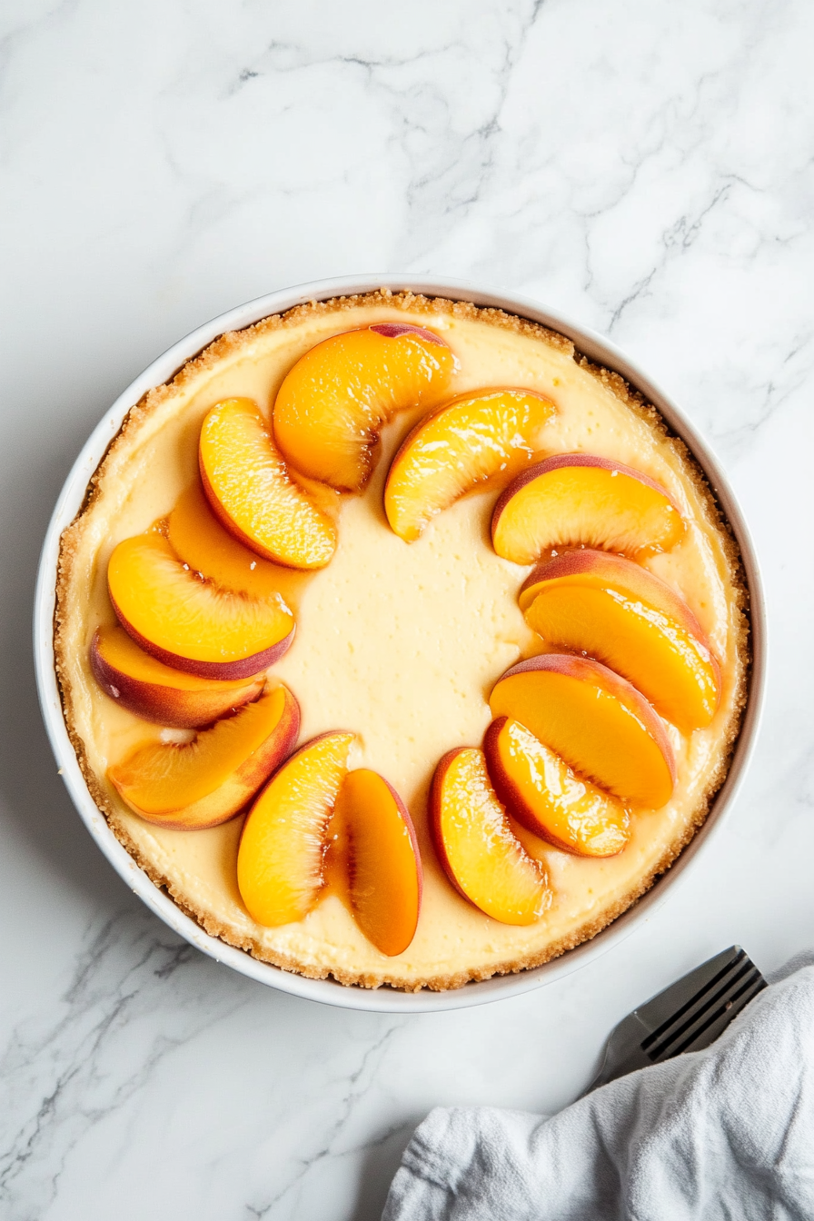 The cheesecake is fully chilled after being refrigerated, removed from the springform pan, and ready for slicing. The dessert’s layers are distinct: a golden crust, creamy peach cheesecake center, and fluffy golden topping. It is garnished with fresh peach slices and a drizzle of peach preserves, placed on the white marble cooktop for a vibrant and clean presentation.