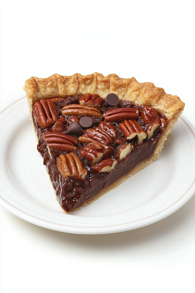 A slice of chocolate pecan pie is served on a white dessert plate placed on the white marble cooktop. The filling appears rich and gooey, with visible chocolate chips and pecans, and the flaky golden crust is crisp and inviting.