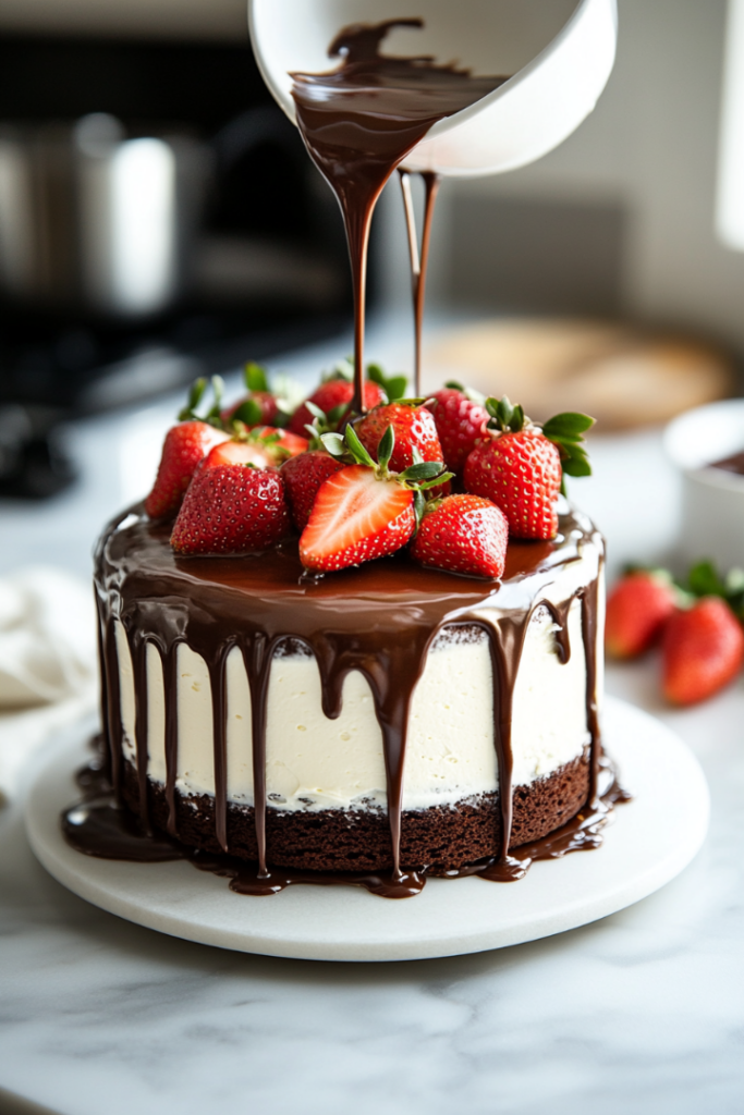 Show the fully frosted cake on a serving plate placed on the white marble cooktop. Ganache is being drizzled over the top, cascading down the sides in elegant drips. Fresh strawberries are arranged decoratively on top as a finishing garnish.