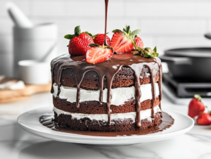 Show the fully frosted cake on a serving plate placed on the white marble cooktop. Ganache is being drizzled over the top, cascading down the sides in elegant drips. Fresh strawberries are arranged decoratively on top as a finishing garnish.