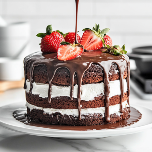 Show the fully frosted cake on a serving plate placed on the white marble cooktop. Ganache is being drizzled over the top, cascading down the sides in elegant drips. Fresh strawberries are arranged decoratively on top as a finishing garnish.