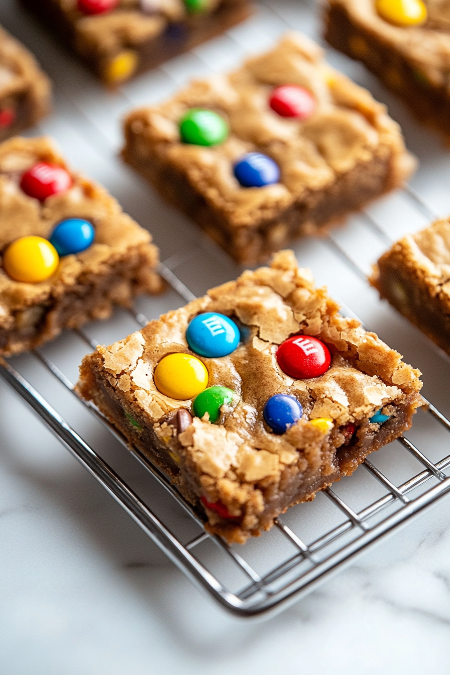 A baking pan with blondie batter sits inside the preheated oven. The edges begin to turn golden brown, and the aroma of baking fills the air.