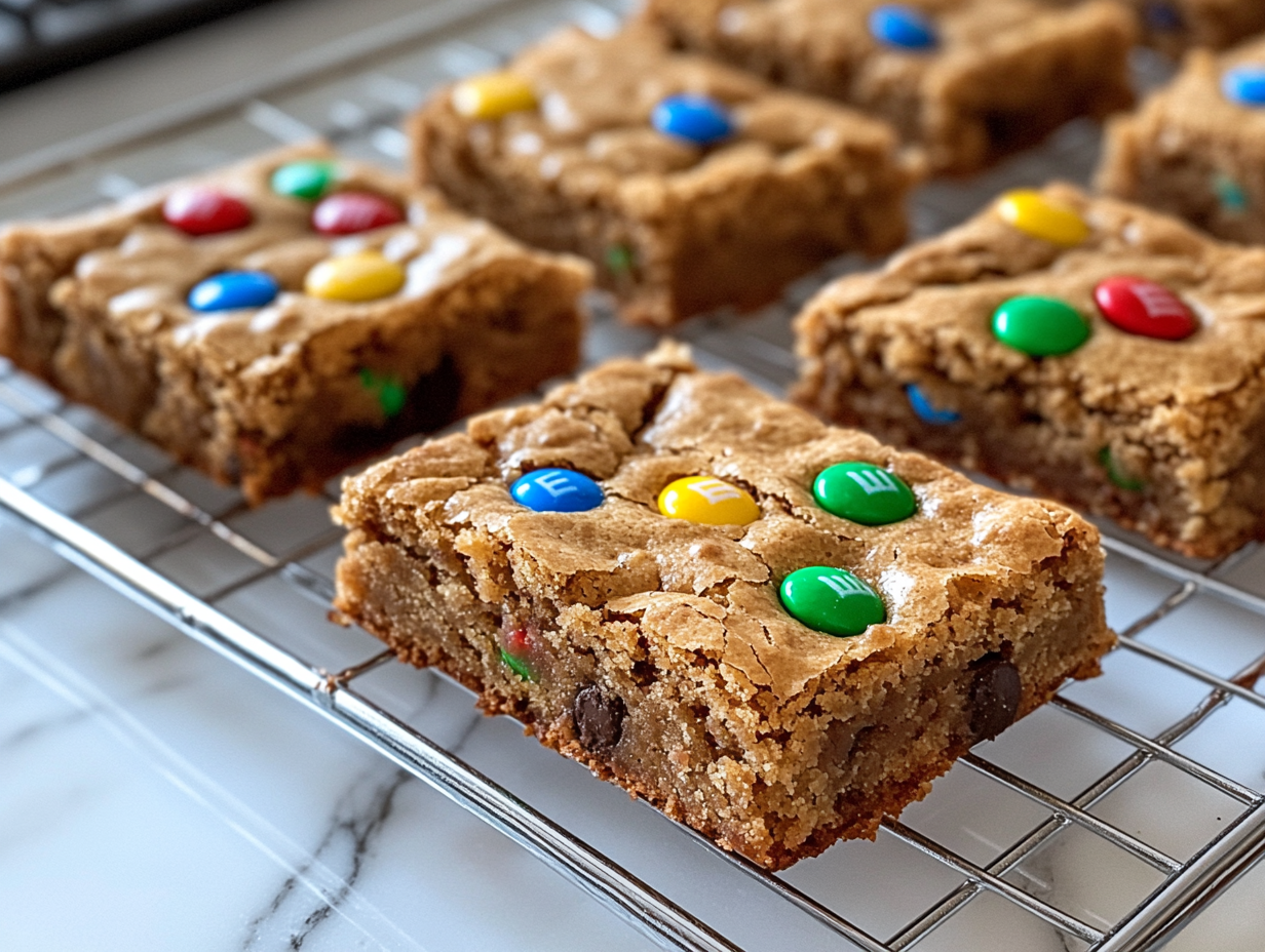 A baking pan with blondie batter sits inside the preheated oven. The edges begin to turn golden brown, and the aroma of baking fills the air.