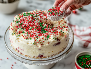 The frosted and garnished cake is sliced into neat squares on the white marble cooktop. A serving plate holds a few pieces, ready to be enjoyed.