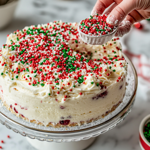 The frosted and garnished cake is sliced into neat squares on the white marble cooktop. A serving plate holds a few pieces, ready to be enjoyed.