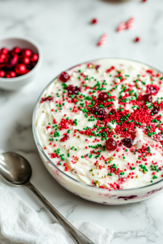 Red and green sprinkles are gently scattered over the frosted cake. A small bowl of sprinkles and a festive touch sit on the white marble cooktop.