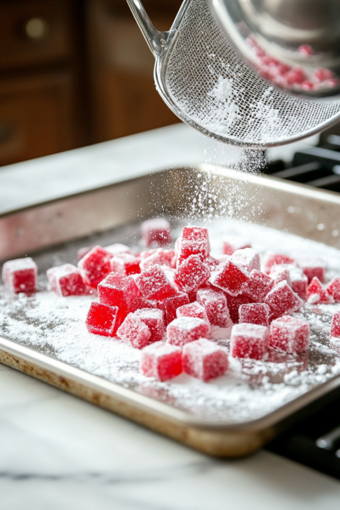 The broken red candy pieces on the foil-lined baking sheet, dusted with powdered sugar. A small sieve is in action, sprinkling the sugar evenly over the candy, creating a frosted effect on the white marble cooktop.