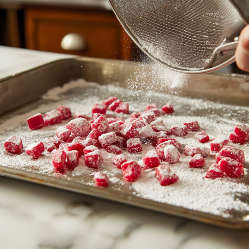 The broken red candy pieces on the foil-lined baking sheet, dusted with powdered sugar. A small sieve is in action, sprinkling the sugar evenly over the candy, creating a frosted effect on the white marble cooktop.