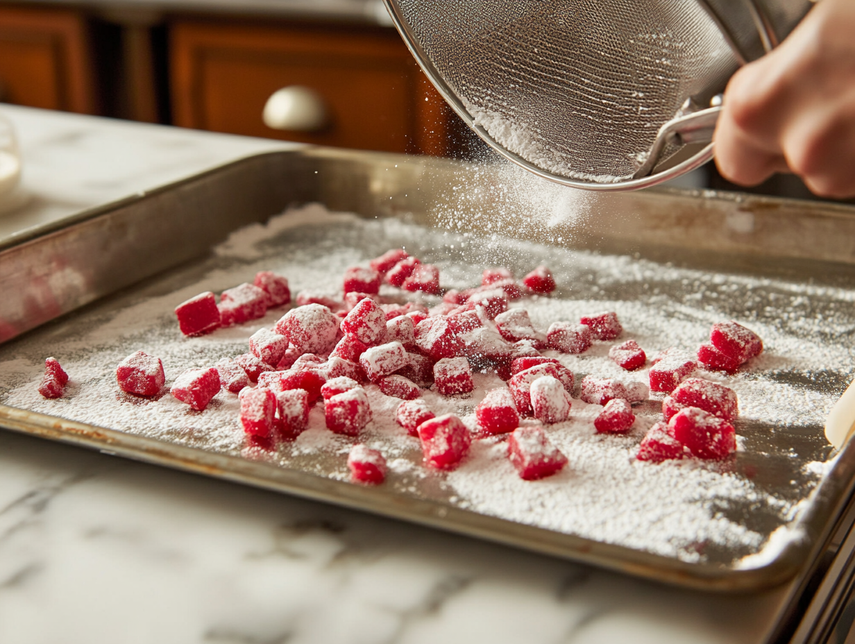 The broken red candy pieces on the foil-lined baking sheet, dusted with powdered sugar. A small sieve is in action, sprinkling the sugar evenly over the candy, creating a frosted effect on the white marble cooktop.