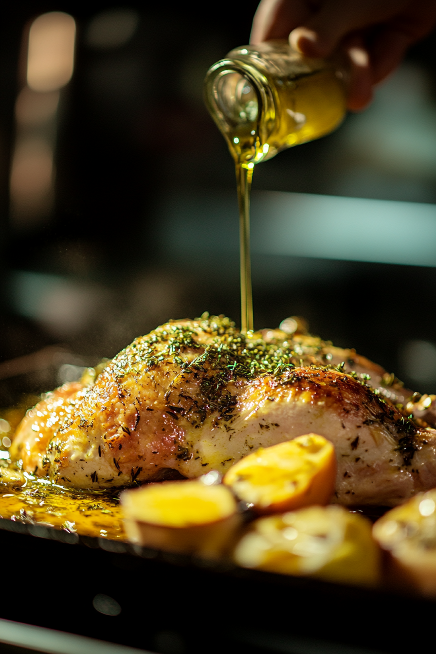 The whole turkey sits on a roasting tray, its skin glistening as herb butter is massaged over its surface. A drizzle of olive oil is being added for a golden finish.