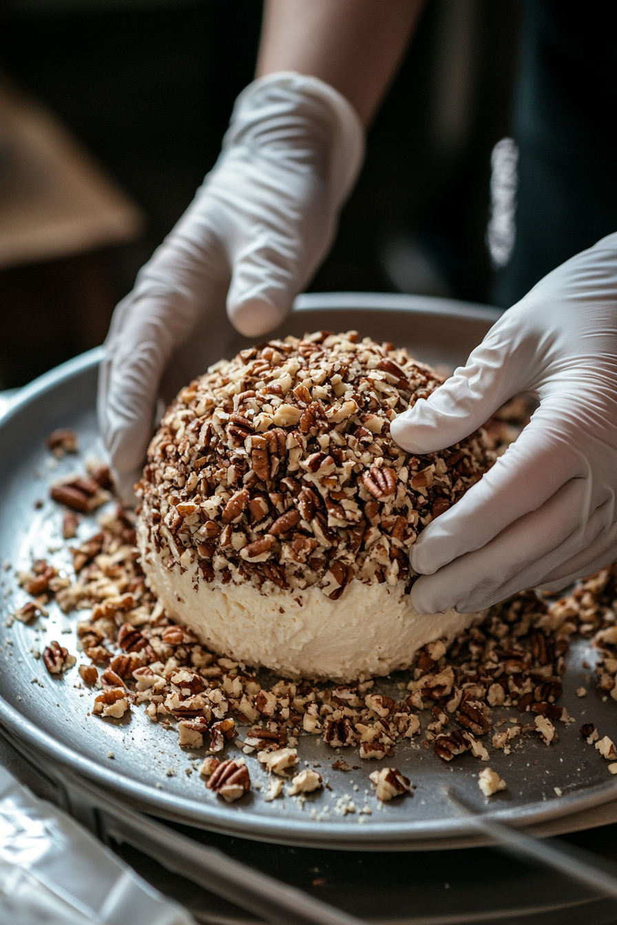 The chilled cheese ball is being rolled in chopped pecans on a shallow plate placed on the white marble cooktop. The pecans evenly coat the surface of the ball.