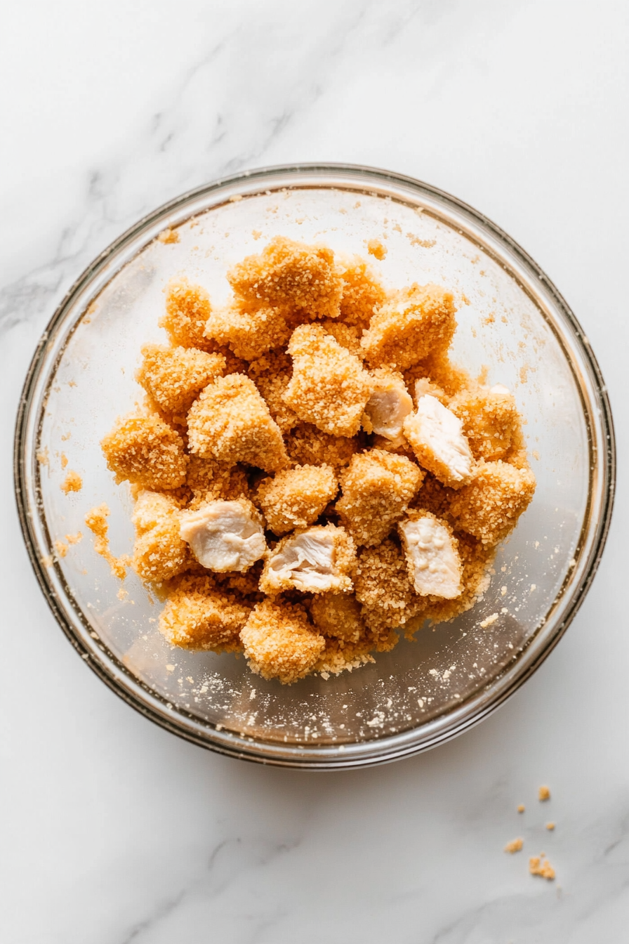 A breaded piece of chicken is dipped in a bowl containing the dry keto bread crumb and parmesan cheese mixture. The piece is golden from the coating, ready for baking. The clear bowl sits on a white marble countertop, with the wet mixture bowl slightly visible in the background.