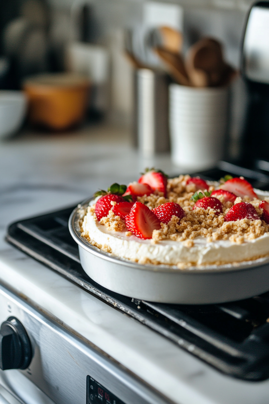 The frozen cheesecake, removed from the springform pan, is being coated with a colorful strawberry shortcake crumble mixture. The crumble adheres to the top and sides, creating a vibrant and textured finish.