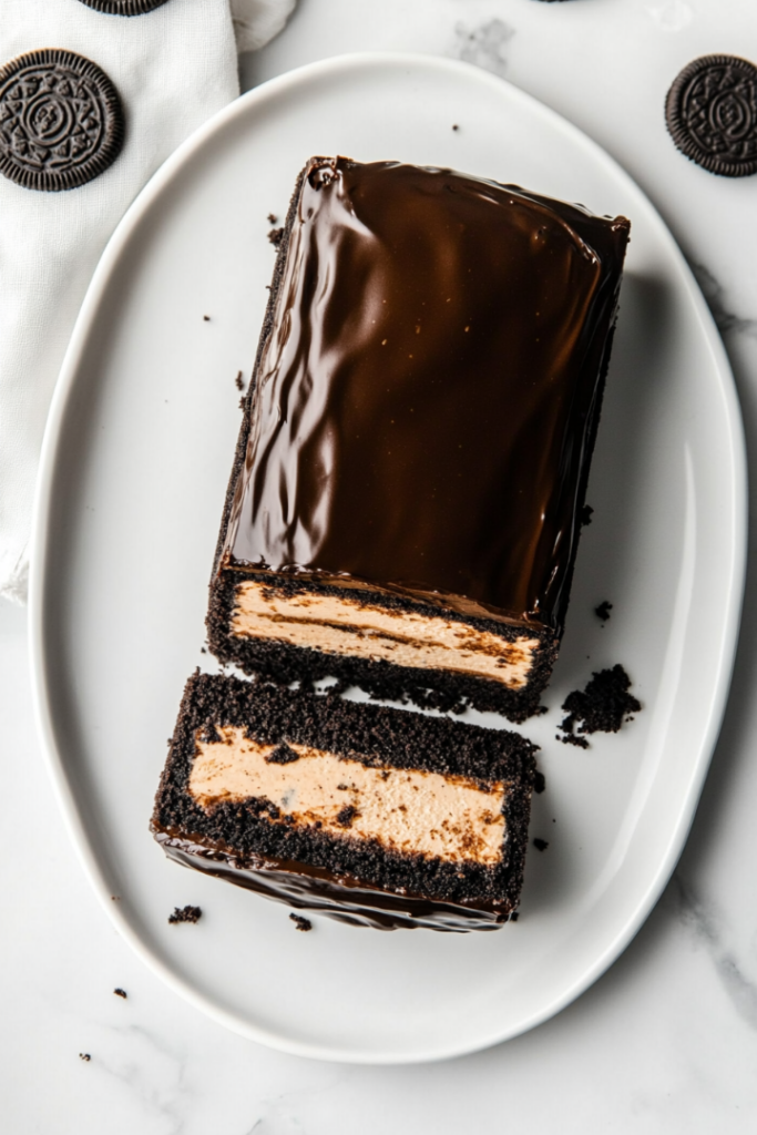 Sliced coffee cheesecake is arranged on a white serving platter, showcasing the distinct layers of glossy ganache, creamy coffee cheesecake filling, and dark Oreo crust. The setup is clean and minimal, emphasizing the dessert’s indulgent presentation on the white marble countertop.