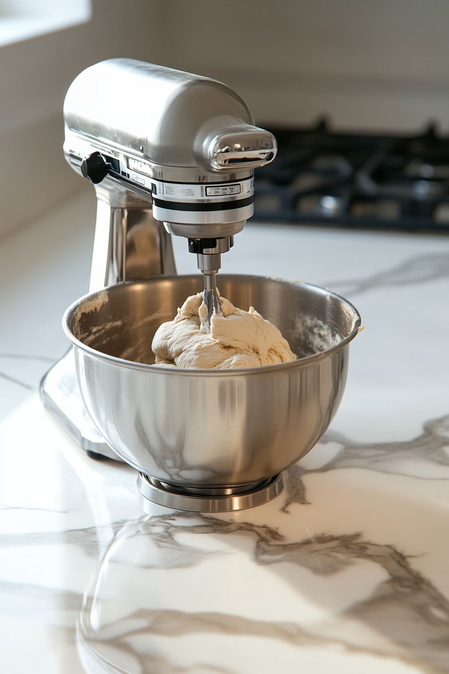 The stand mixer on the white marble cooktop with dry ingredients being gradually added to the wet mixture. The dough is beginning to form on the paddle, but not overmixed.