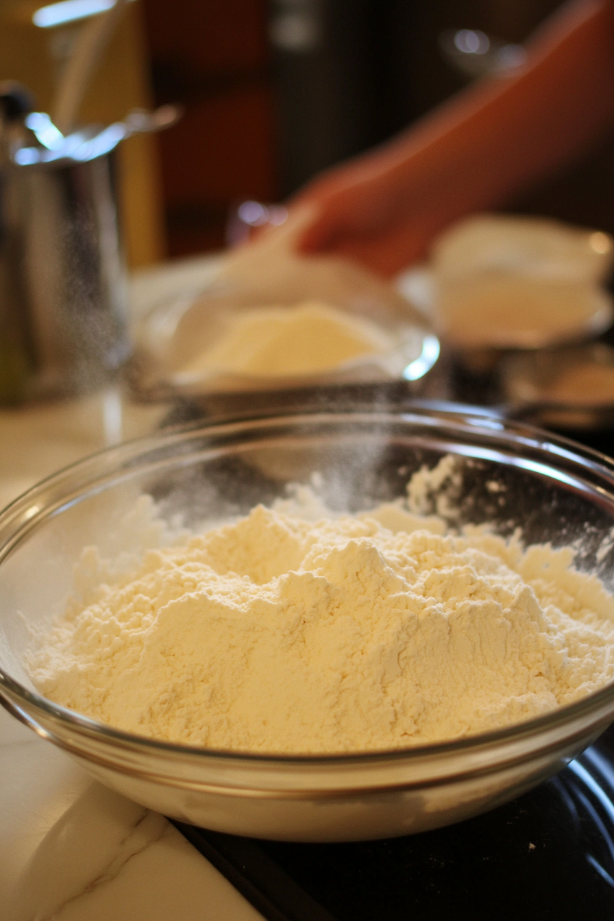 Another glass bowl on the white marble cooktop with flour, baking powder, baking soda, and salt being whisked together until fully blended.