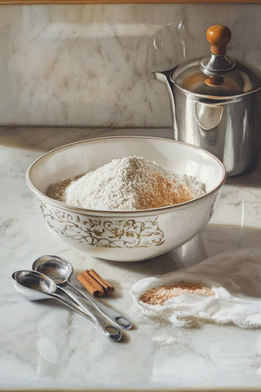 A mixing bowl on the white marble cooktop where flour, cinnamon, salt, baking powder, and baking soda are being whisked together with a metal whisk, ensuring all ingredients are evenly combined.