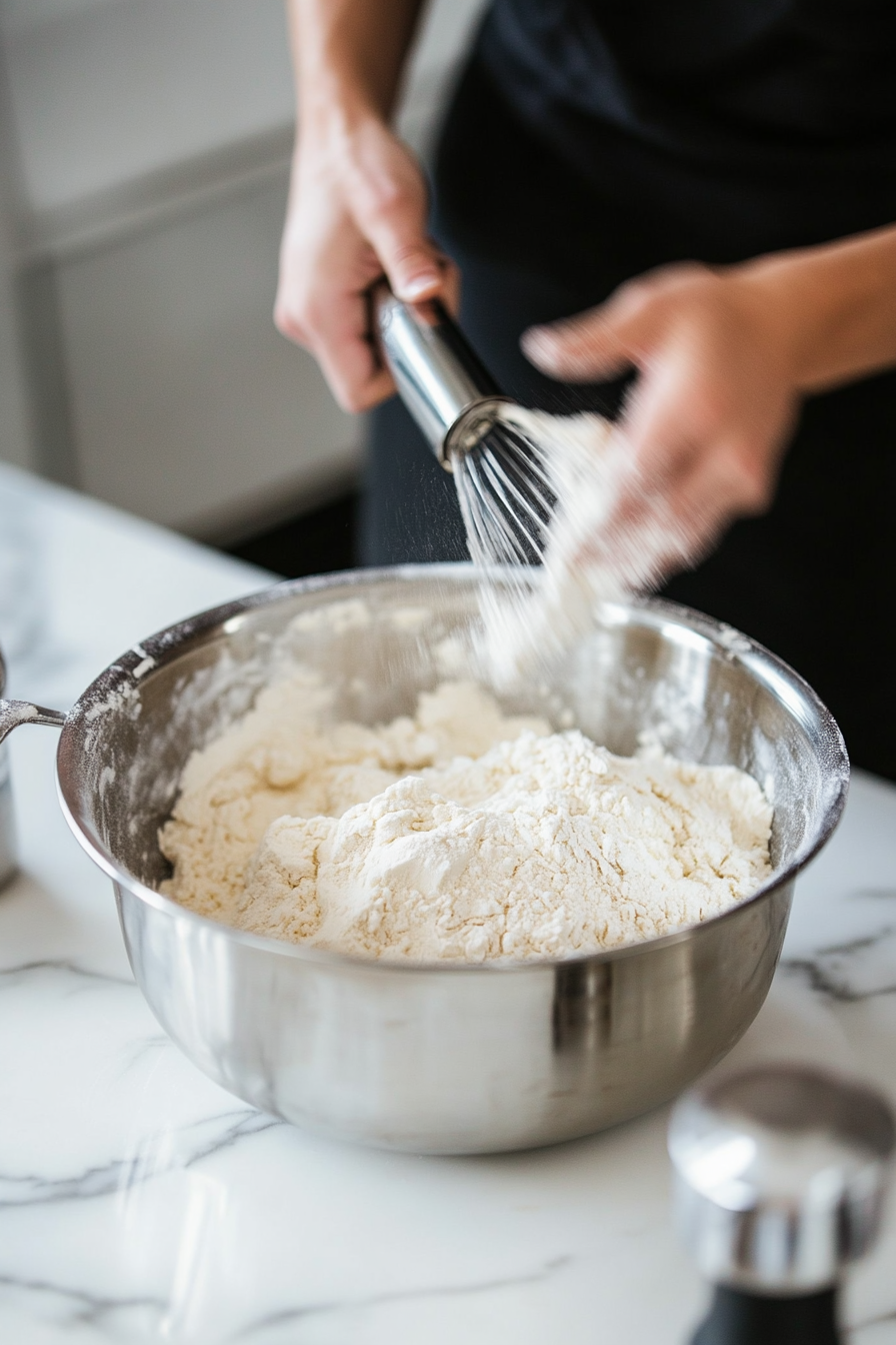 A mixing bowl on the white marble cooktop as flour, cocoa powder, baking soda, and salt are sifted and gradually mixed into the wet ingredients. The dough looks rich and chocolatey