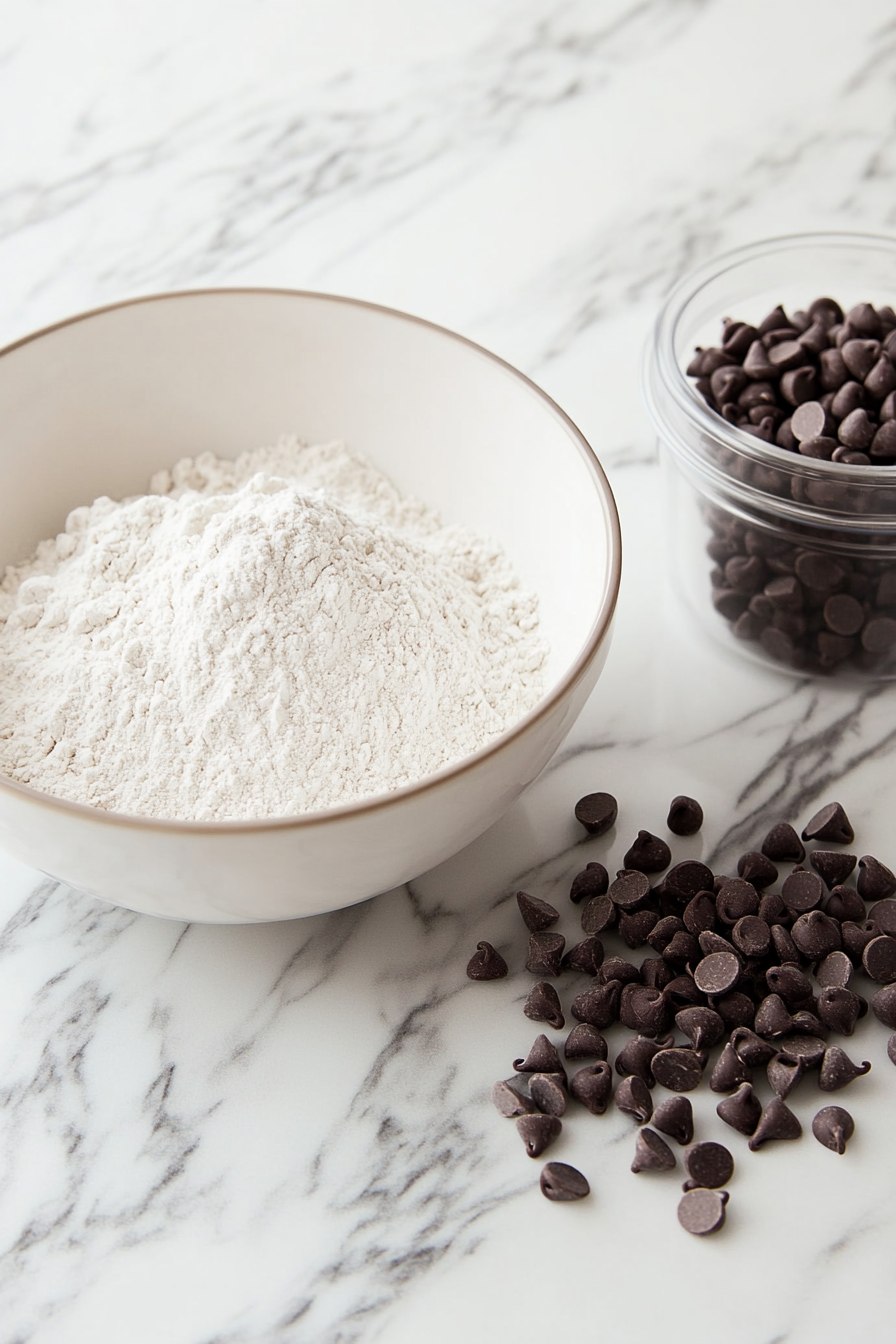 A separate mixing bowl on a marble countertop holds flour, cocoa powder, baking soda, and salt being whisked together. A container of chocolate chips sits close by.