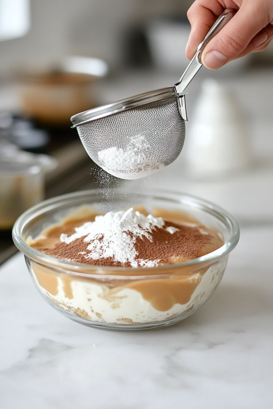 "A sifter is held above the medium glass bowl on the white marble cooktop, with flour, baking powder, cinnamon, and salt being sifted into the wet ingredients. A spoon is ready for mixing."