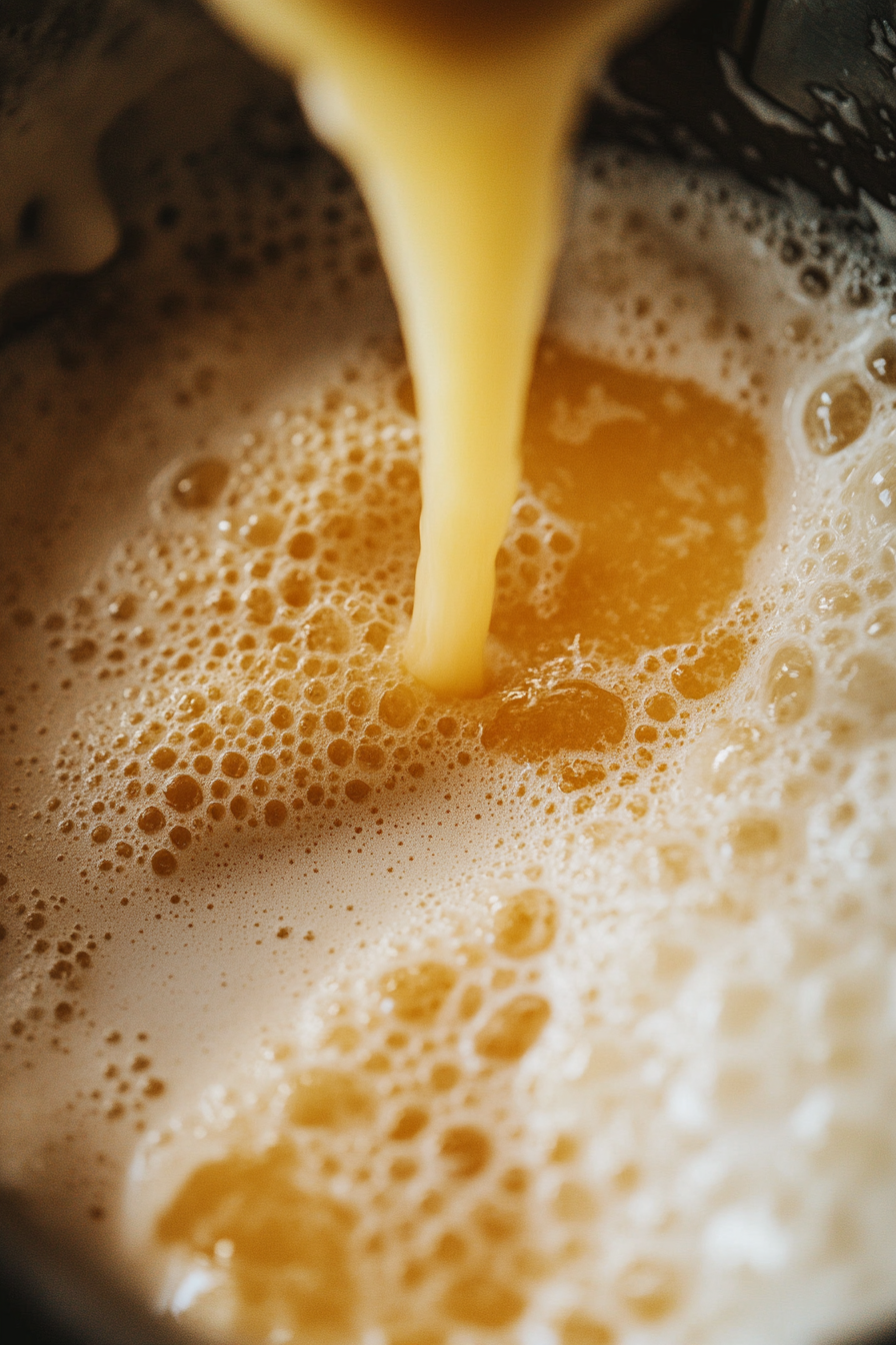 The cooled lemon gelatin is being poured slowly into the whipped evaporated milk in a mixing bowl. The whipped milk is thick and creamy, and the gelatin blends in smoothly, creating a light and airy texture for the filling.