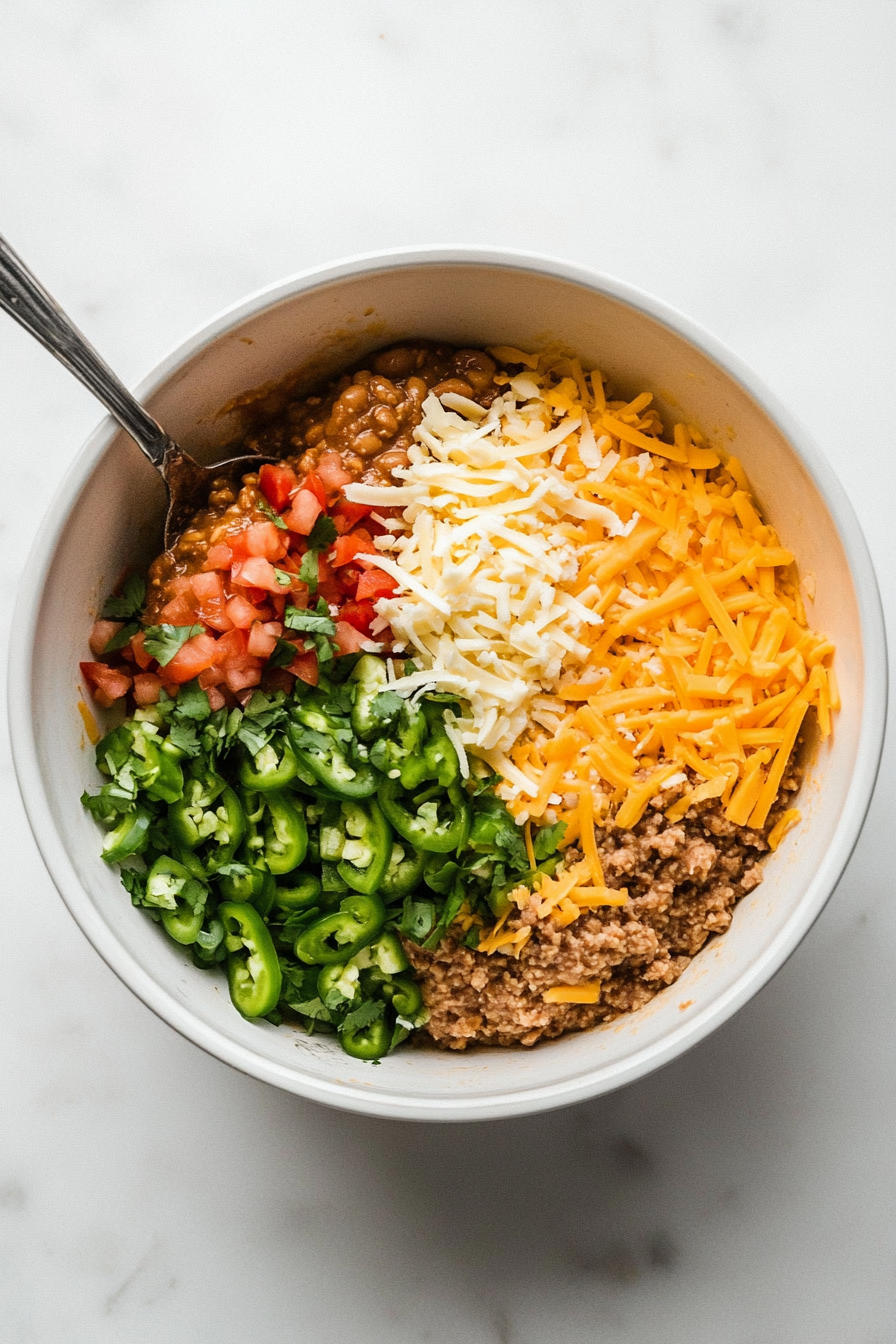 A mixing bowl on a white marble cooktop with refried beans, green chiles, taco seasoning, and shredded cheese being added. The colorful ingredients are partially mixed, with a spoon resting on the edge of the bowl.