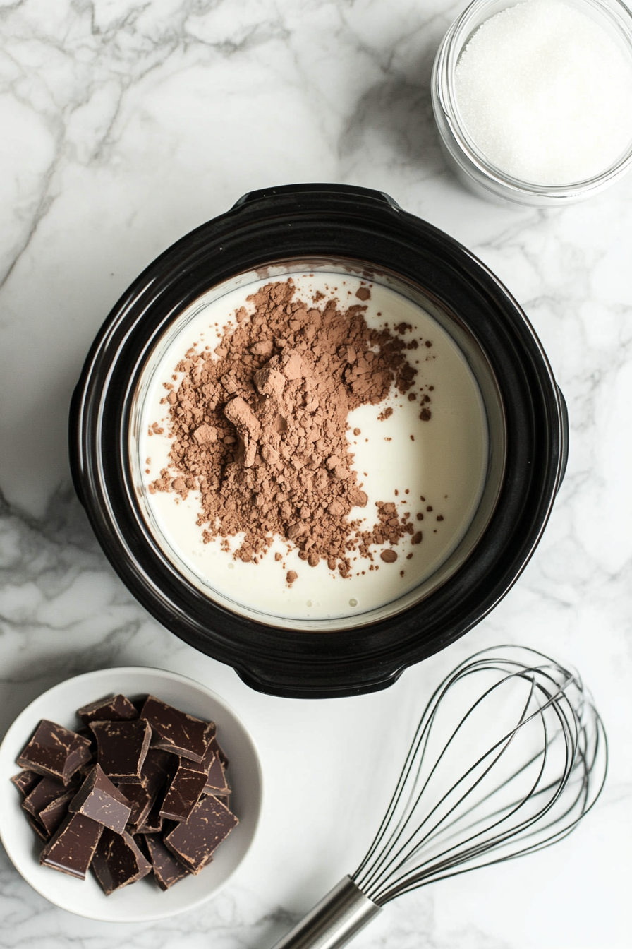 "A slow cooker on a white marble cooktop is filled with milk, heavy cream, granulated sugar, coarsely chopped semi-sweet chocolate, cocoa powder, and vanilla extract. A whisk is positioned nearby, ready for mixing."