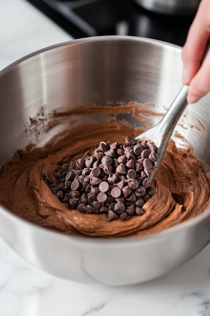 The wet mixture from the first bowl being gradually added to the dry ingredients in the second bowl. Chocolate chips are being folded in, with a spoon or spatula used for mixing.