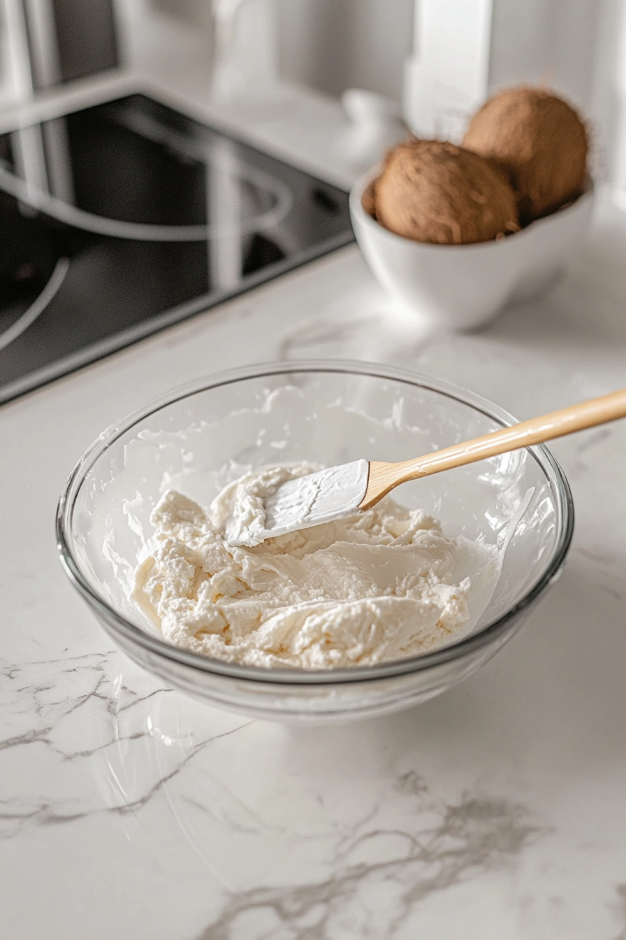 The creamed sugar and margarine mixture is being gradually mixed with the sifted flour mixture in a glass bowl on the white marble cooktop. A spatula folds in coconut milk, blending the ingredients into a smooth, cohesive dough