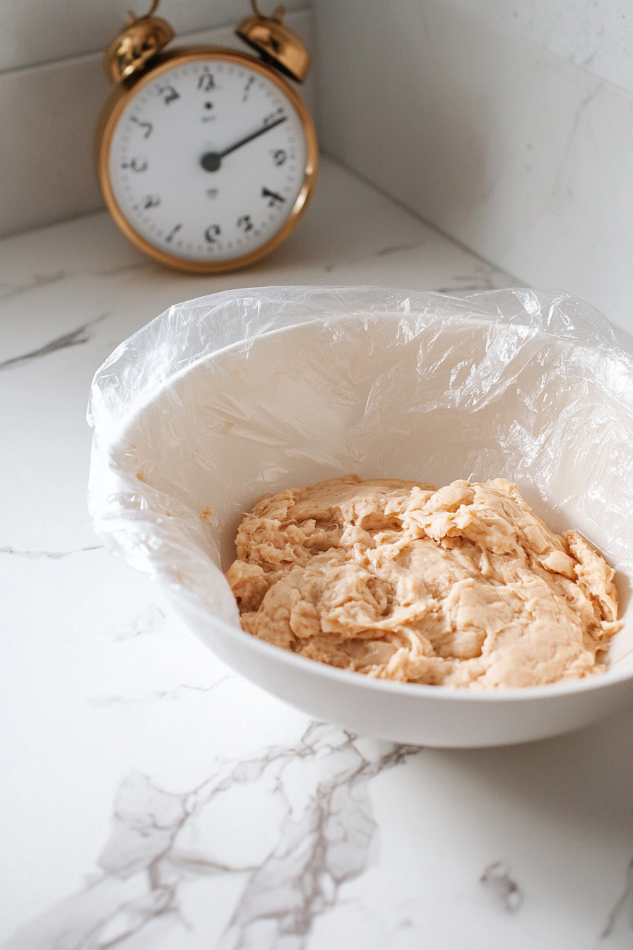 The wet ingredients are being poured into the dry mixture in a large glass bowl resting on the white marble cooktop. A spatula is mixing everything together, forming a soft, thick cookie dough